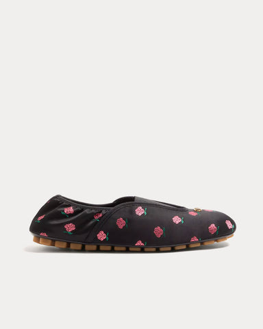 Valentino Rhytmika Jacquard Rose Fabric Black Ballerina Slippers