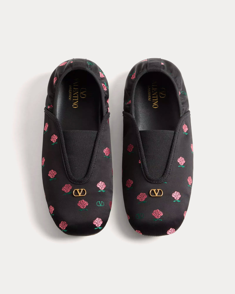 Valentino Rhytmika Jacquard Rose Fabric Black Ballerina Slippers - 2
