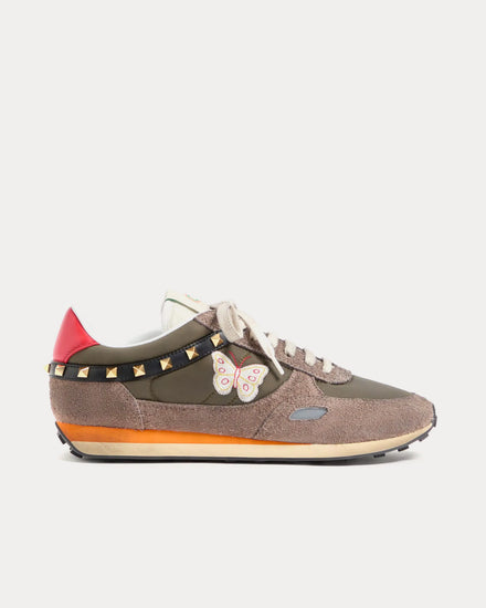 Valentino Stud Up Split Leather & Nylon with Butterfly Embroidery Olive Green / Multi Low Top Sneakers - 1