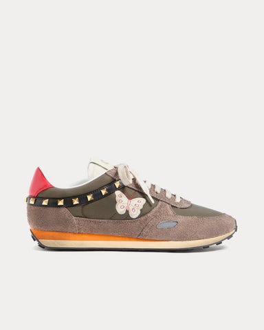 Valentino Stud Up Split Leather & Nylon with Butterfly Embroidery Olive Green / Multi Low Top Sneakers