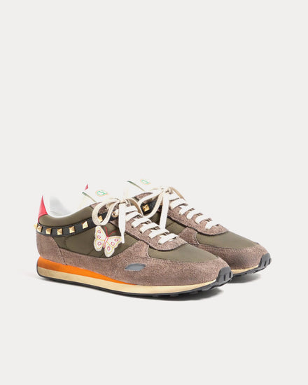 Valentino Stud Up Split Leather & Nylon with Butterfly Embroidery Olive Green / Multi Low Top Sneakers - 3