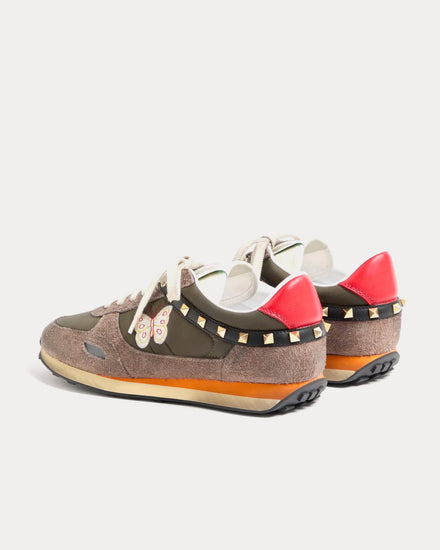 Valentino Stud Up Split Leather & Nylon with Butterfly Embroidery Olive Green / Multi Low Top Sneakers - 4