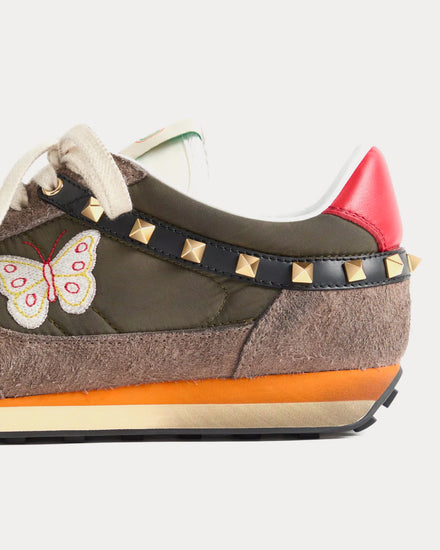 Valentino Stud Up Split Leather & Nylon with Butterfly Embroidery Olive Green / Multi Low Top Sneakers - 6