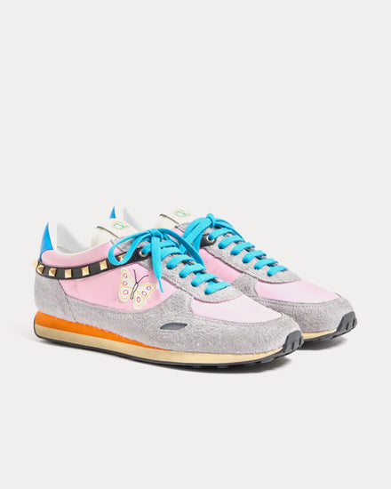 Valentino Stud Up Split Leather & Nylon with Butterfly Embroidery Pink / Multi Low Top Sneakers - 3
