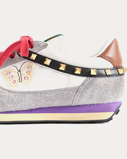 Valentino Stud Up Split Leather & Nylon with Butterfly Embroidery White / Multi Low Top Sneakers - 6