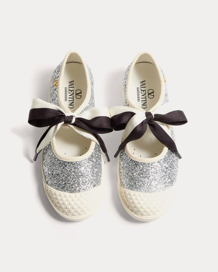 Valentino Bay By Bay Ballerina in Glitter Fabric Silver Slip Ons - 2