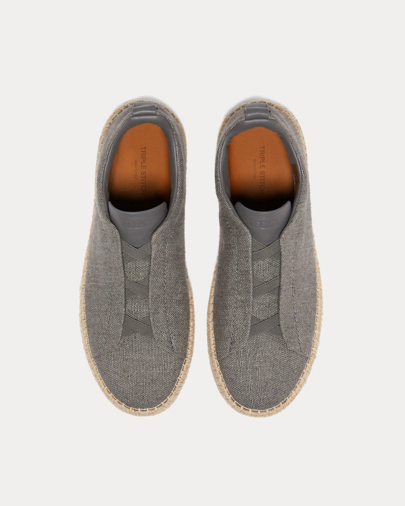 Zegna Triple Stitch Linen & Leather Grey Mélange Espadrilles - 2