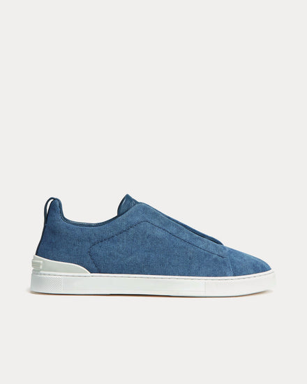 Zegna Men's Triple Stitch Canvas Blue Slip On Sneakers