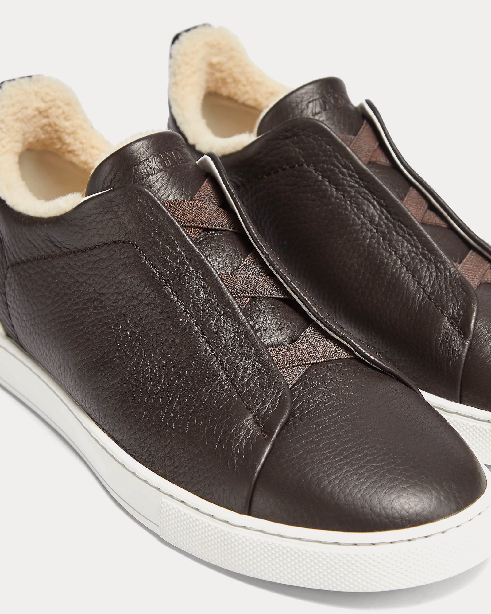 Zegna - Triple Stitch Deerskin & Merino Shearling Dark Brown Slip On Sneakers