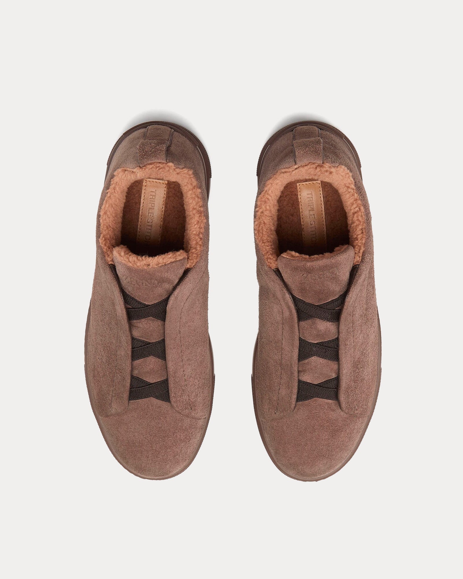 Zegna - Triple Stitch Suede & Shearling Greyish Brown Slip On Sneakers