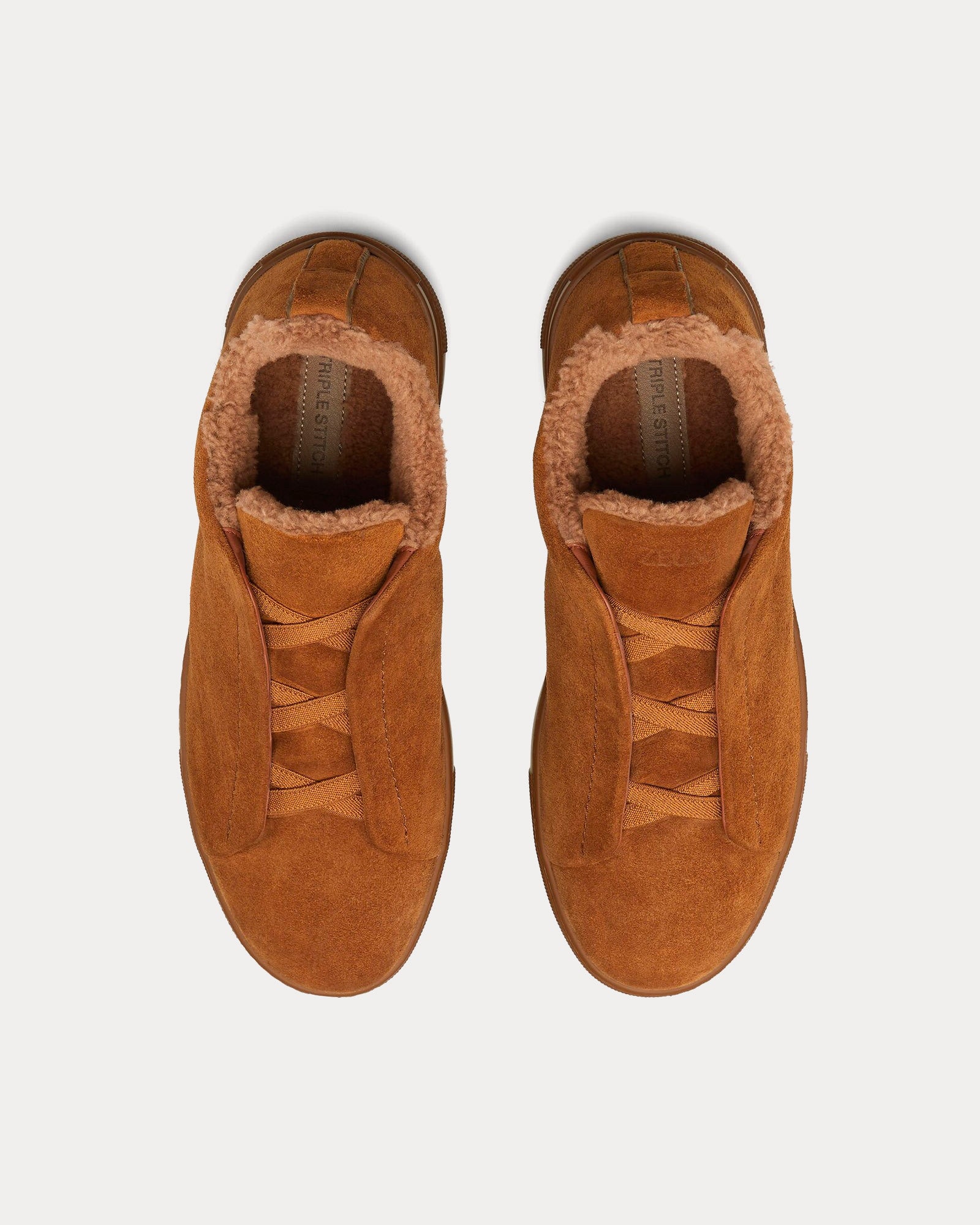 Zegna - Triple Stitch Suede & Shearling Light Brown Slip On Sneakers