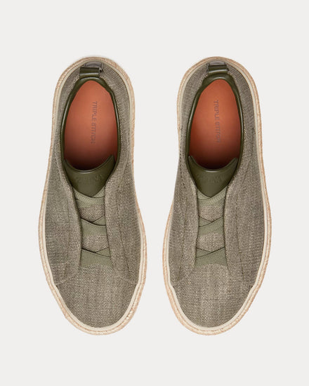 Zegna Triple Stitch Espadrilles Linen Light Military Green Slip On Sneakers - 2