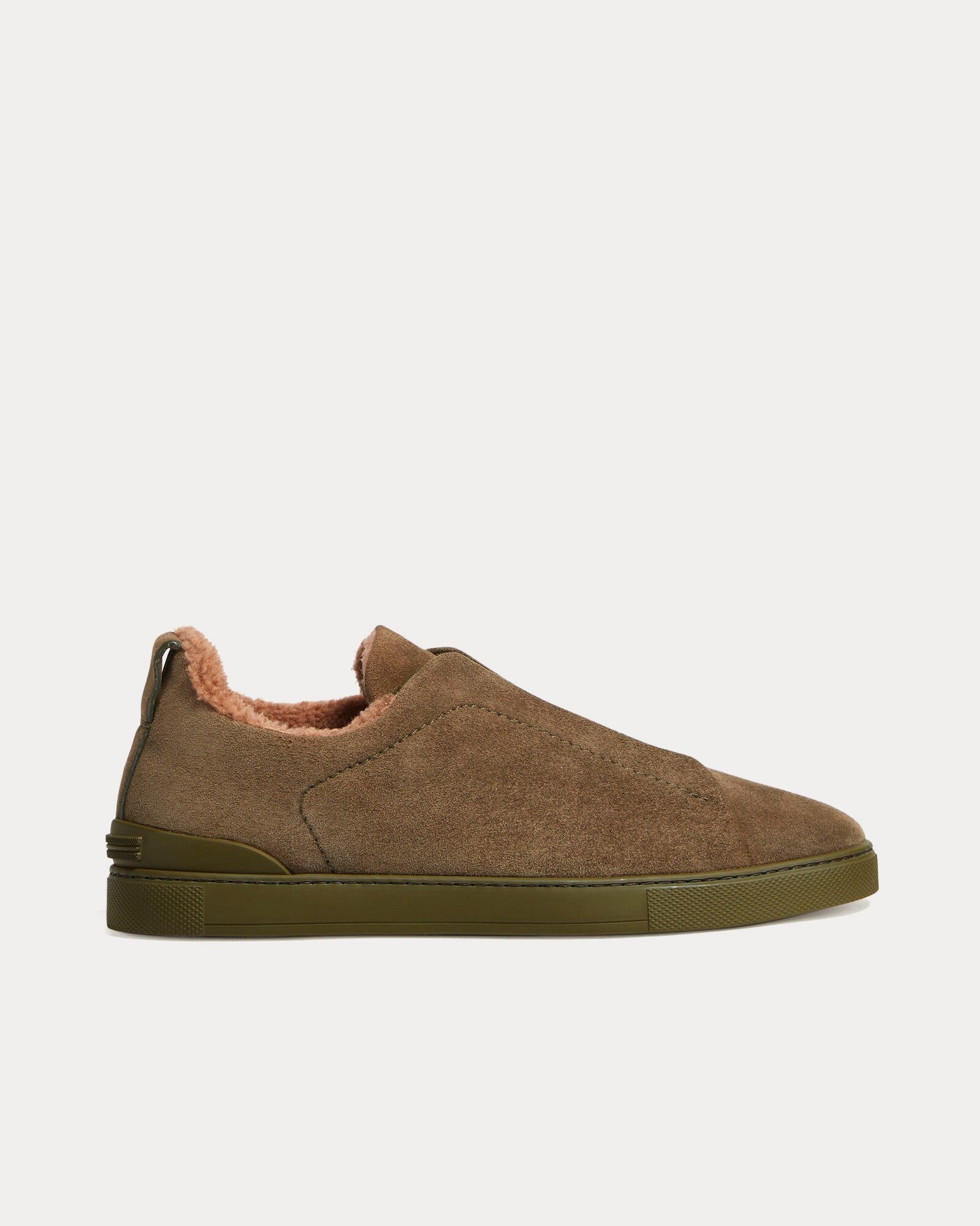 Zegna - Triple Stitch Suede & Shearling Olive Green Slip On Sneakers