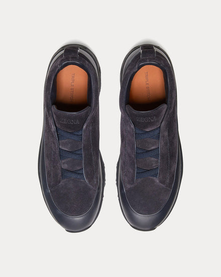 Zegna Triple Stitch Monte Suede Navy Slip On Sneakers - 3