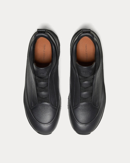 Zegna Triple Stitch Monte Grained Calf Leather Black Slip On Sneakers - 2