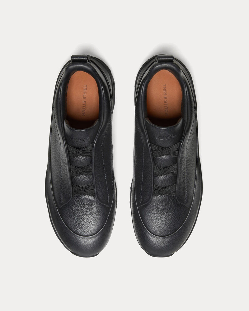 Zegna Triple Stitch Monte Grained Calf Leather Black Slip On Sneakers - 2