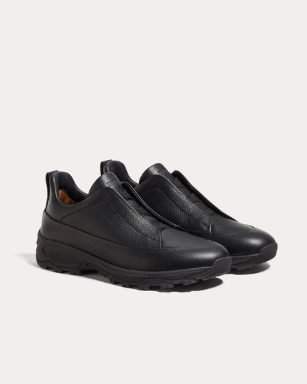 Zegna Triple Stitch Monte Grained Calf Leather Black Slip On Sneakers - 3