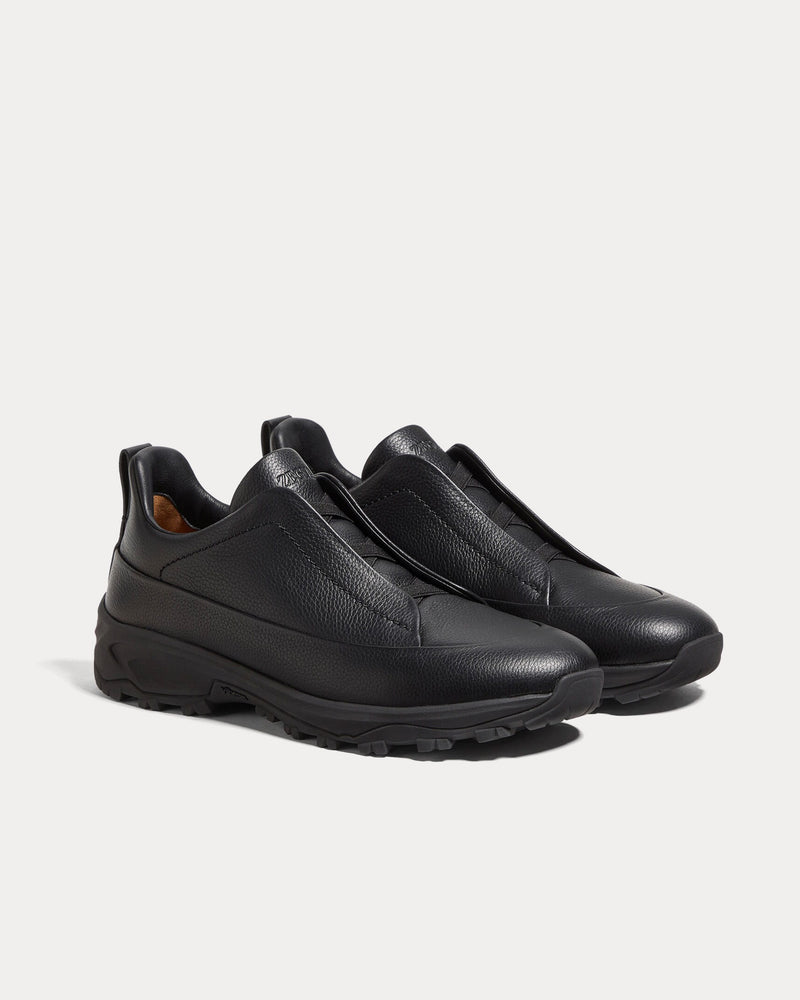 Zegna Triple Stitch Monte Grained Calf Leather Black Slip On Sneakers - 3