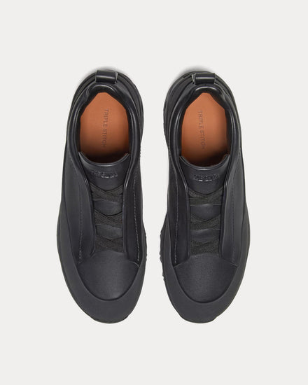 Zegna Triple Stitch Monte Leather Black Slip On Sneakers - 2