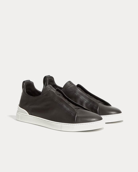 Zegna Triple Stitch Secondskin Dark Brown Slip On Sneakers - 3