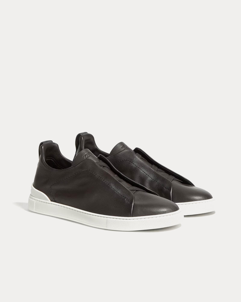 Zegna Triple Stitch Secondskin Dark Brown Slip On Sneakers - 3