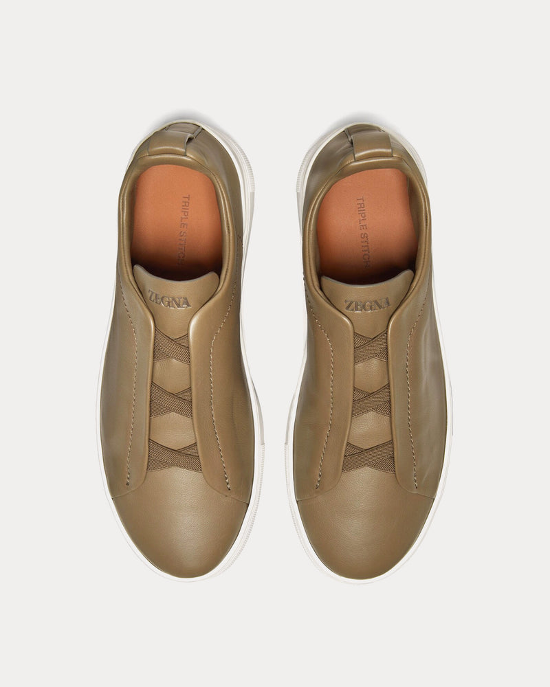 Zegna Triple Stitch Secondskin Khaki Slip On Sneakers - 2
