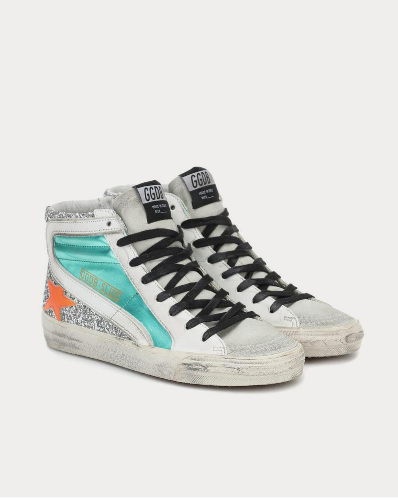 Golden Goose Slide metallic leather  Aquamarine High Top Sneakers - 3