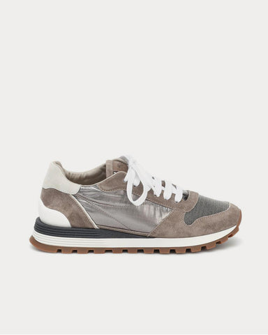 Brunello Cucinelli Embellished suede-trimmed Brown Low Top Sneakers