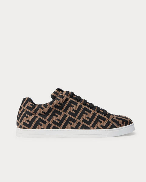 Leather-Trimmed Logo-Jacquard Mesh  Brown low top sneakers