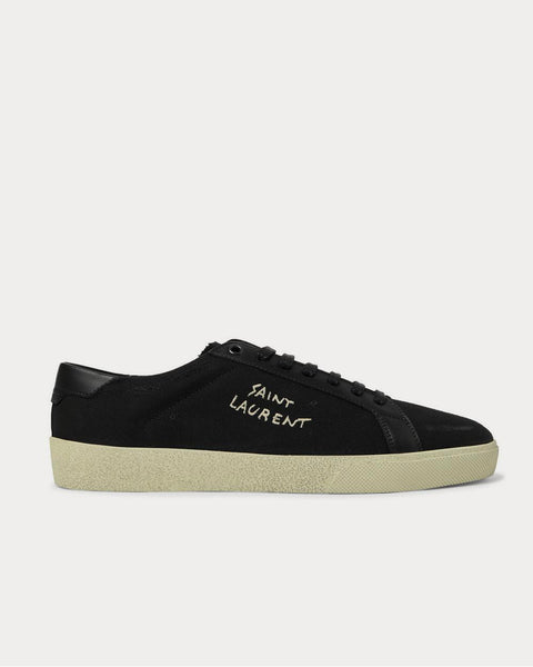 Saint Laurent Court Classic Leather-Trimmed Logo-Embroidered Distressed Canvas Black low top sneakers Sneak in Peace
