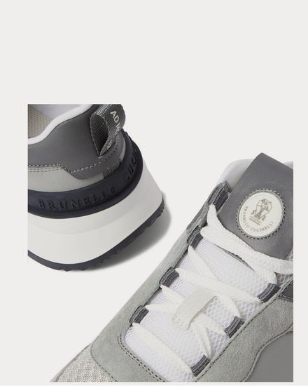 Brunello Cucinelli Leather-Trimmed Suede, Neoprene and Mesh  Gray low top sneakers - 4