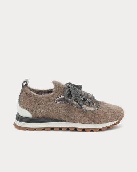 Leather-trimmed mohair Dk Beige Low Top Sneakers