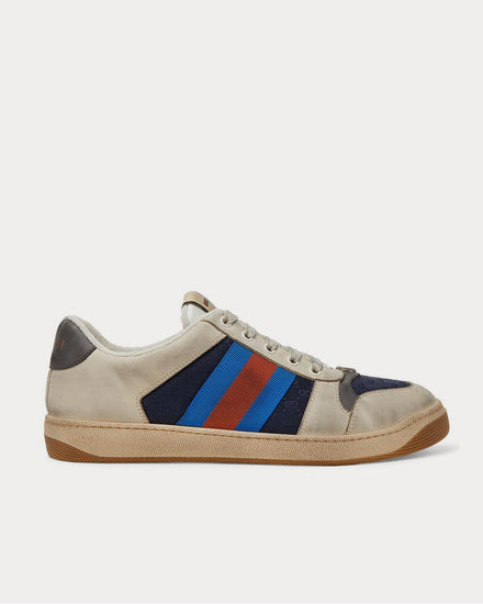 Gucci Screener Webbing-Trimmed Distressed Leather and Canvas  Navy low top sneakers - 1