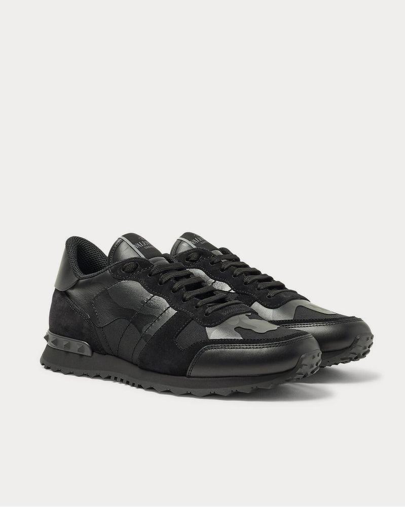 Valentino Rockrunner Camouflage-Print Canvas, Leather and Suede  Black low top sneakers - 2