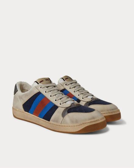 Gucci Screener Webbing-Trimmed Distressed Leather and Canvas  Navy low top sneakers - 2