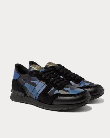 Valentino Rockrunner Camouflage-Print Canvas, Leather and Suede  Blue low top sneakers - 2
