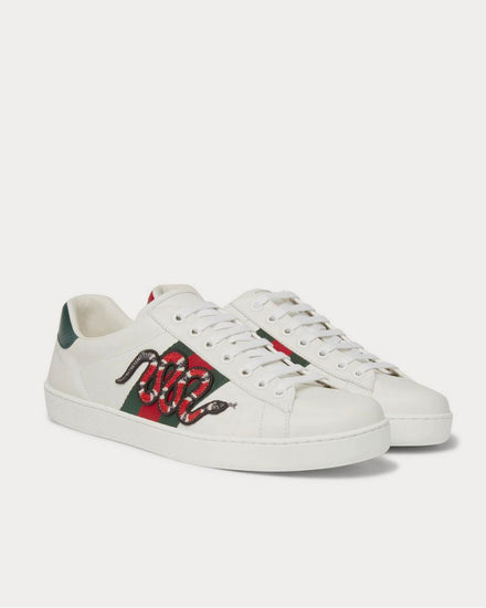 Gucci Ace Watersnake-Trimmed Appliquéd Leather  White low top sneakers - 2