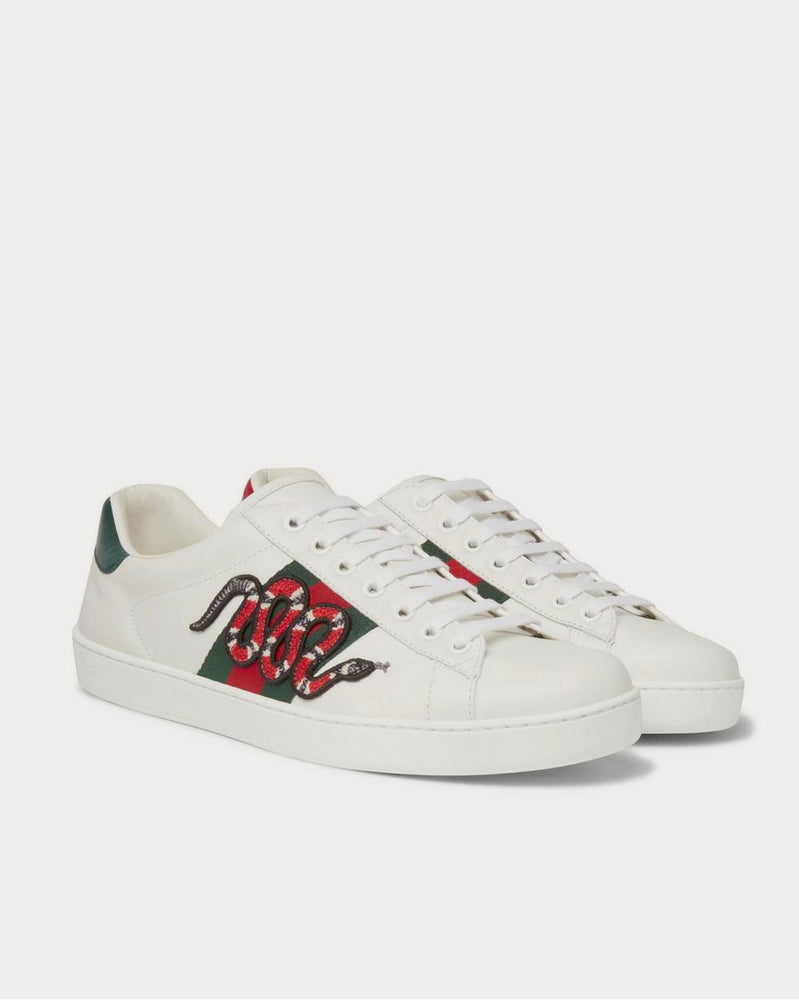Gucci Ace Watersnake-Trimmed Appliquéd Leather  White low top sneakers - 2