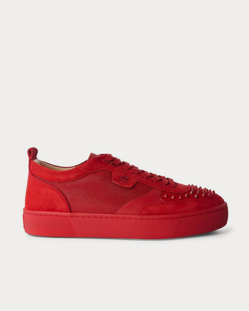Christian Louboutin Happyrui Spiked Suede-Trimmed Glittered-Mesh  Red low top sneakers - 1