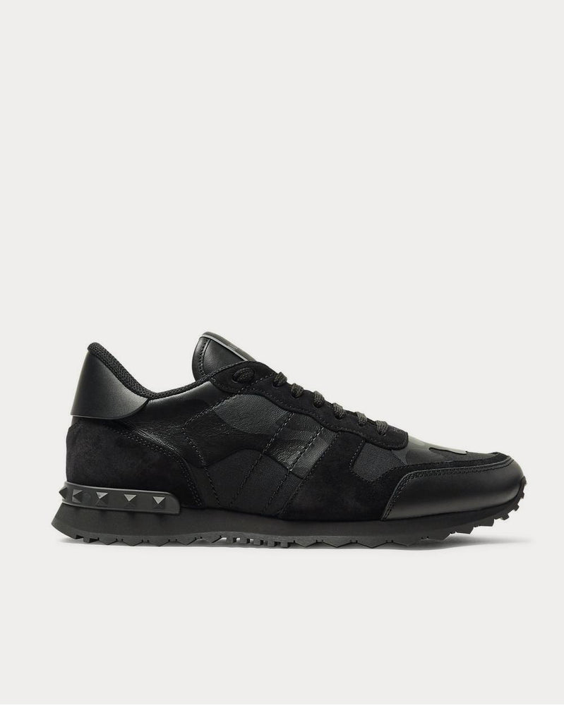 Valentino Rockrunner Camouflage-Print Canvas, Leather and Suede  Black low top sneakers - 1