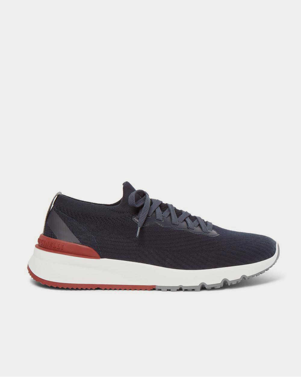Brunello Cucinelli Men's Leather-Trimmed Stretch-Knit Navy low top