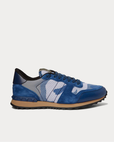 Valentino Rockrunner Camouflage-Print Mesh, Leather and Suede  Blue low top sneakers - 1