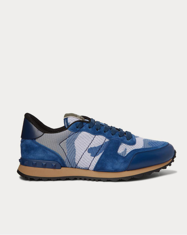 Valentino Rockrunner Camouflage-Print Mesh, Leather and Suede  Blue low top sneakers - 1