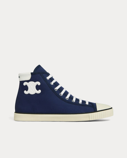 Celine Blank Lace Up Toe Cap Canvas & Calfskin Navy High Top Sneakers - 1