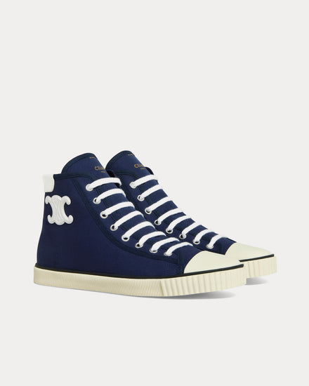 Celine Blank Lace Up Toe Cap Canvas & Calfskin Navy High Top Sneakers - 2