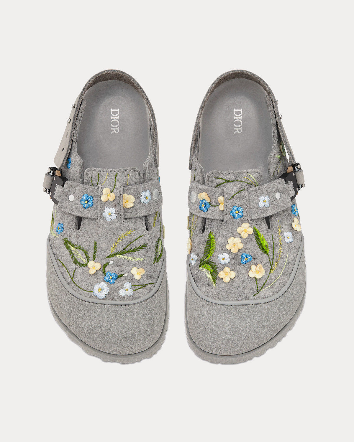 Dior x Birkenstock - Tokio Dior Gray Felted Wool Embroidered with Flowers and Nubuck Calfskin Mules