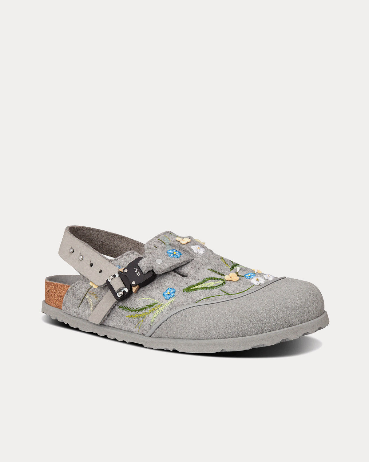 Dior x Birkenstock - Tokio Dior Gray Felted Wool Embroidered with Flowers and Nubuck Calfskin Mules