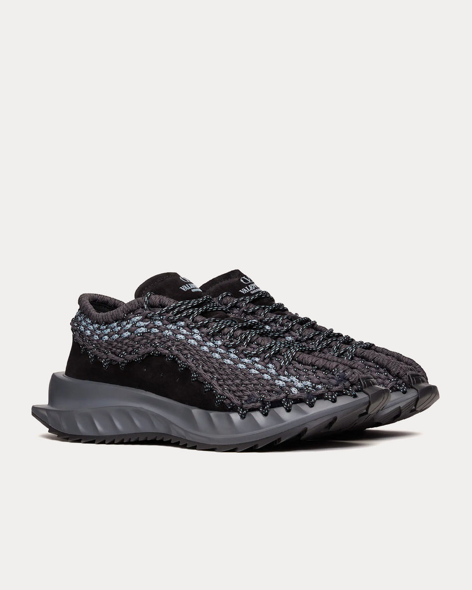 Valentino Garavani Outdoor Crochet Fabric Suede Black Grey Low Top Sneakers Sneak in Peace