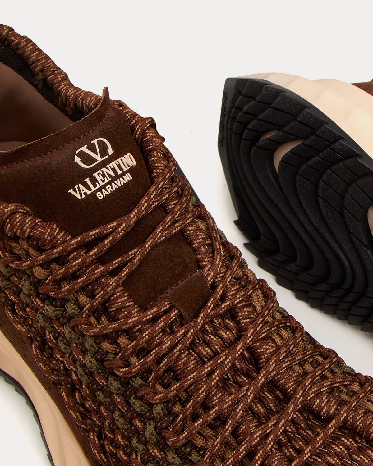 Valentino - Garavani Outdoor Crochet Fabric & Suede Brown / Beige Low Top Sneakers