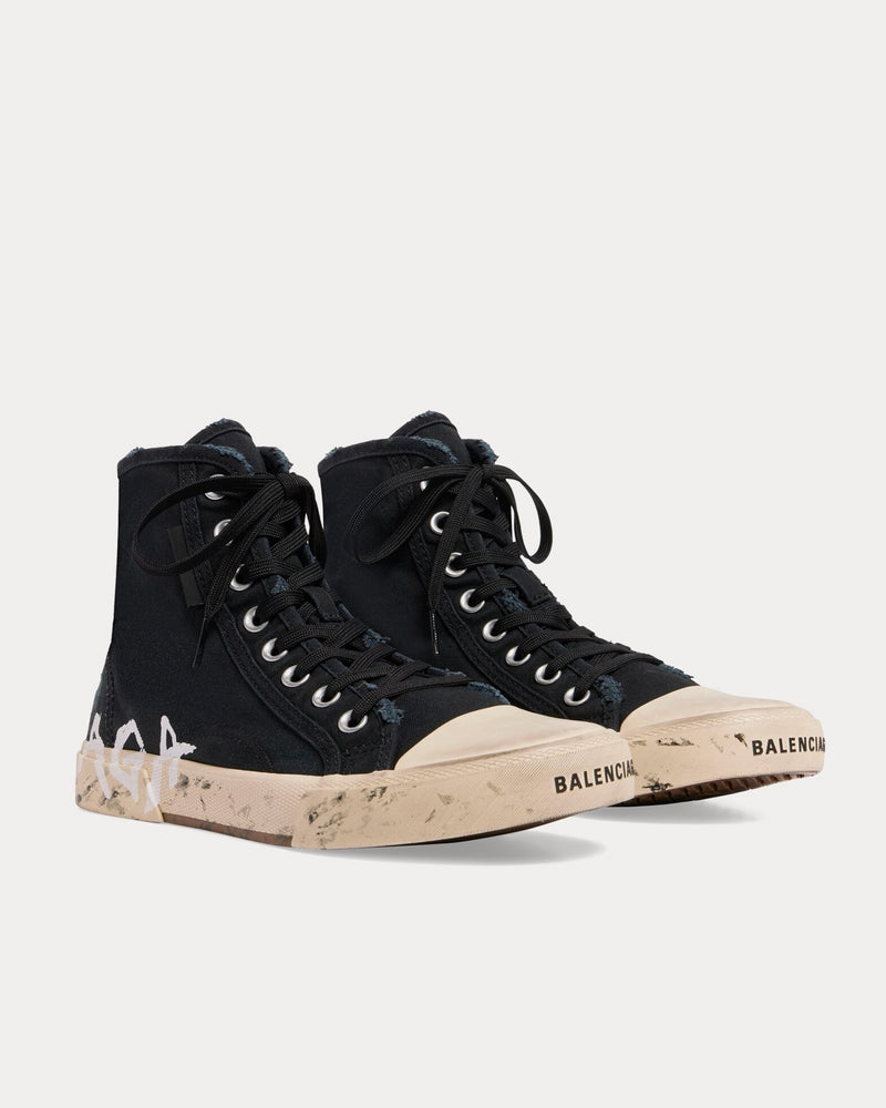 Balenciaga Paris Destroyed Cotton Graffiti Black High Top Sneakers - 3